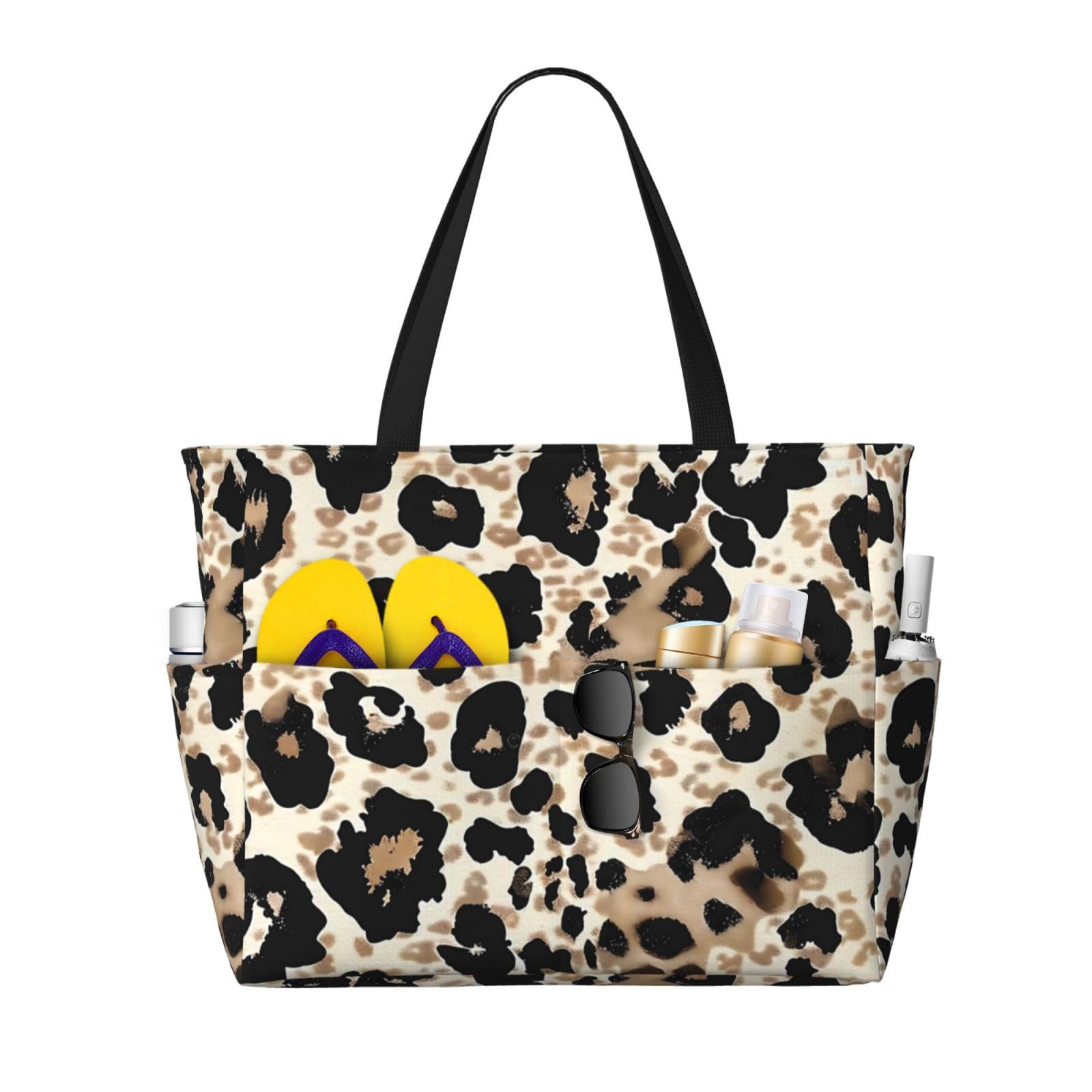 Retro Giraffe Print Beach Bag Animal Leopard Skin Pool Bag for Women Waterproof Large Travel Tote with Zipper Organizer for Swimming Vacation