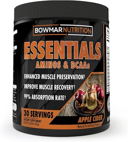 BOWMAR NUTRITION Essentials, Aminos y BCAA en polvo, 30 porciones, tasa de absorción del 99% (sidra de manzana)