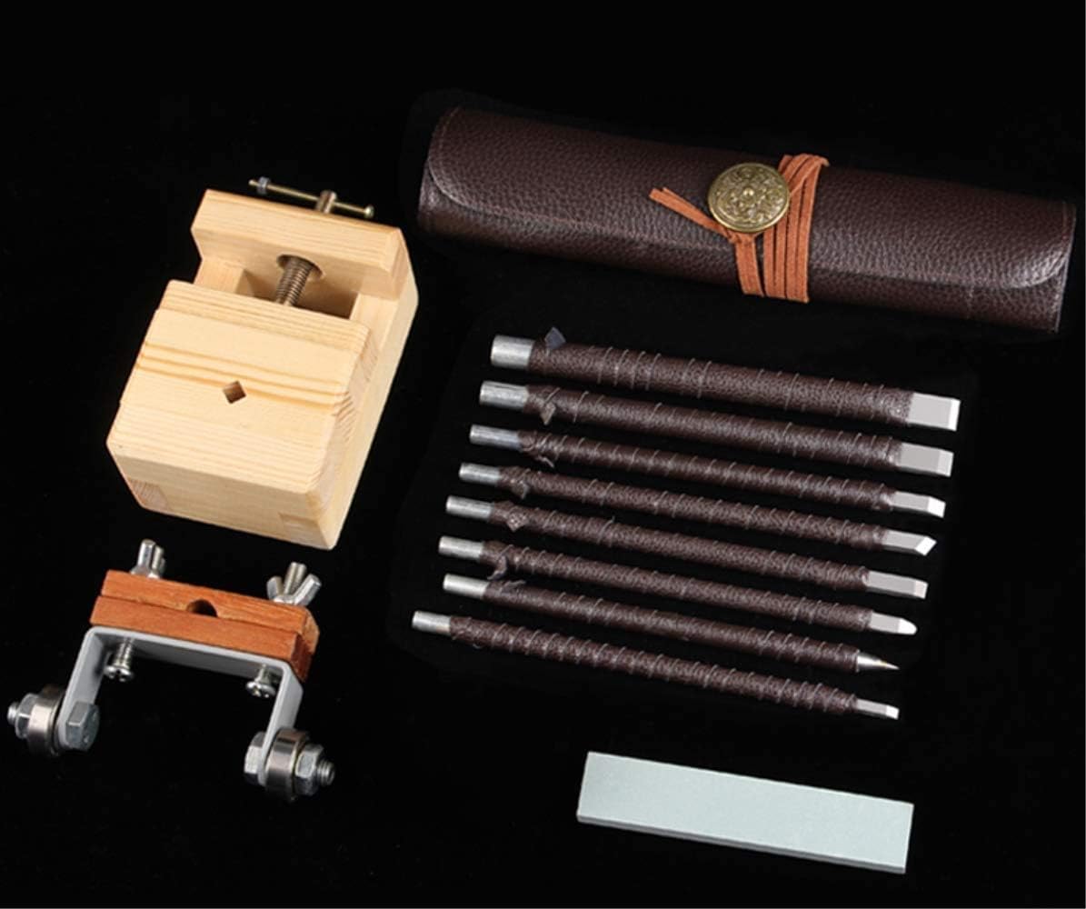 Stone Seal Engraving Kit/Stone Carving Set/Stone Engraving Tools with Clamp Stone Carving Chisel Set (8 Knife)