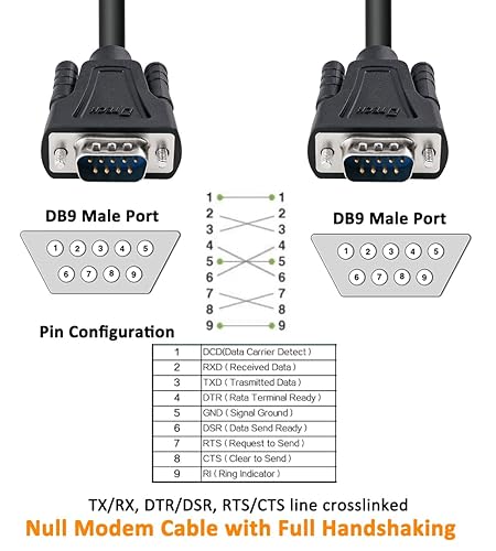 Miniatura 3 de DTech DB9 RS232 - Cable serie macho a macho, cable de módem nulo, cruce de 7 cables para comunicación de datos (5 pies, negro)