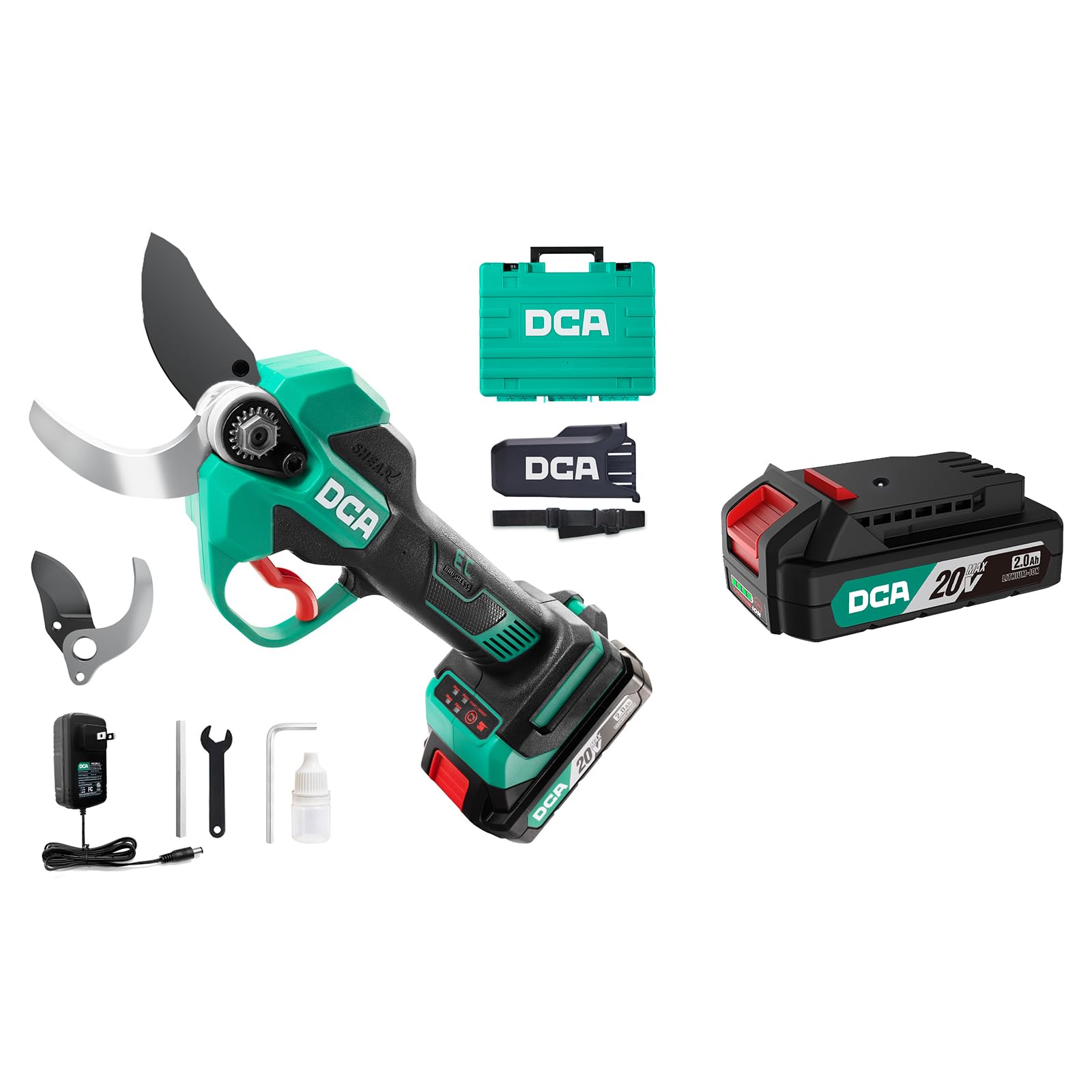 DCA Tijeras de Podar Eléctricas 20V, máx 35mm Tijeras de Podar Bateria hoja SK5, Motor Sin Escobillas con 2,0Ah Batería*2, con estuche de seguridad portátil para Jardinería, Árboles Frutales, Viñedos