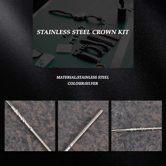 PurYupearl 5Pcs Silver Movement Watchs Steel Stem Crown Kit Watchs of Parts for NH35 NH36 NH38 NH39 Movement Watch Stem Spare Parts Kits Watch Accessories and Repair Tools