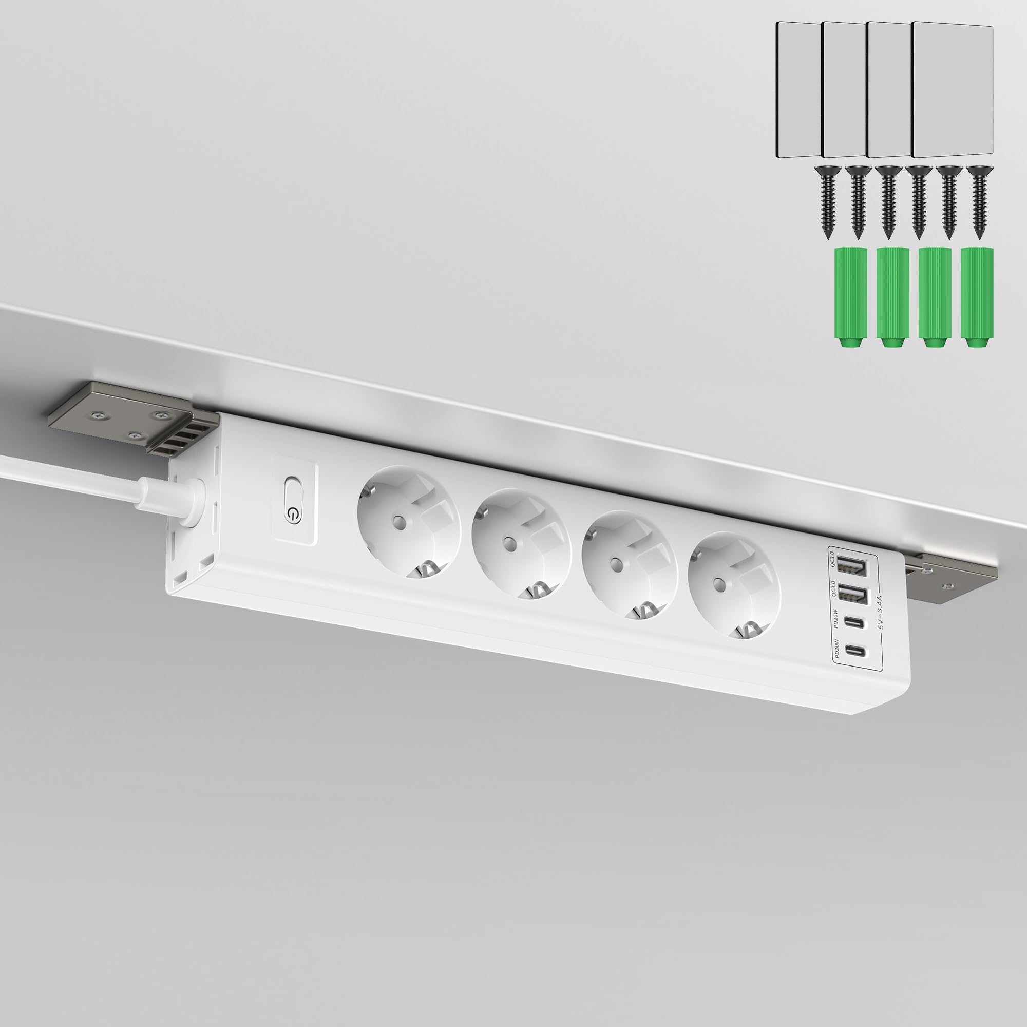 4-Fach Steckdosenleiste zur Untertischmontage,2USB-C (PD20W)+2USB-A(QC3.0 18W),4000W Mehrfachsteckdose Untertisch montierbar mit Überlastschutzschalter,Unsichtbare Kabelmanagement-Lösung,2m Kabel