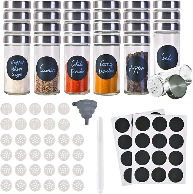 Miorkly 24 Spice Jars with Shaker Lids High-Quality Spice Jars with Lids-Round Glass Spice Jars 100ml-Spice Containers Spice Bottles-Cooking Empty Spice Jars Set with Round Spice Labels Outlet Screens
