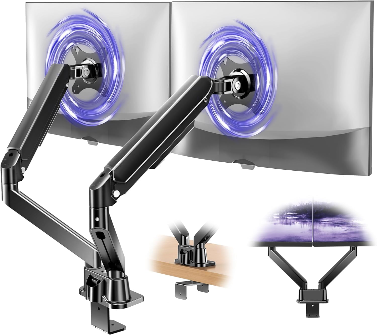 HEYMIX PROFESSIONAL Dual Monitor Arm - Adjustable Computer Monitor Arm Gas Spring Dual Monitor Mount, Dual Arm Gas VESA Monitor Stand for 13"-32" Gaming Monitors up to 9kg with 2-Grommet Mounting