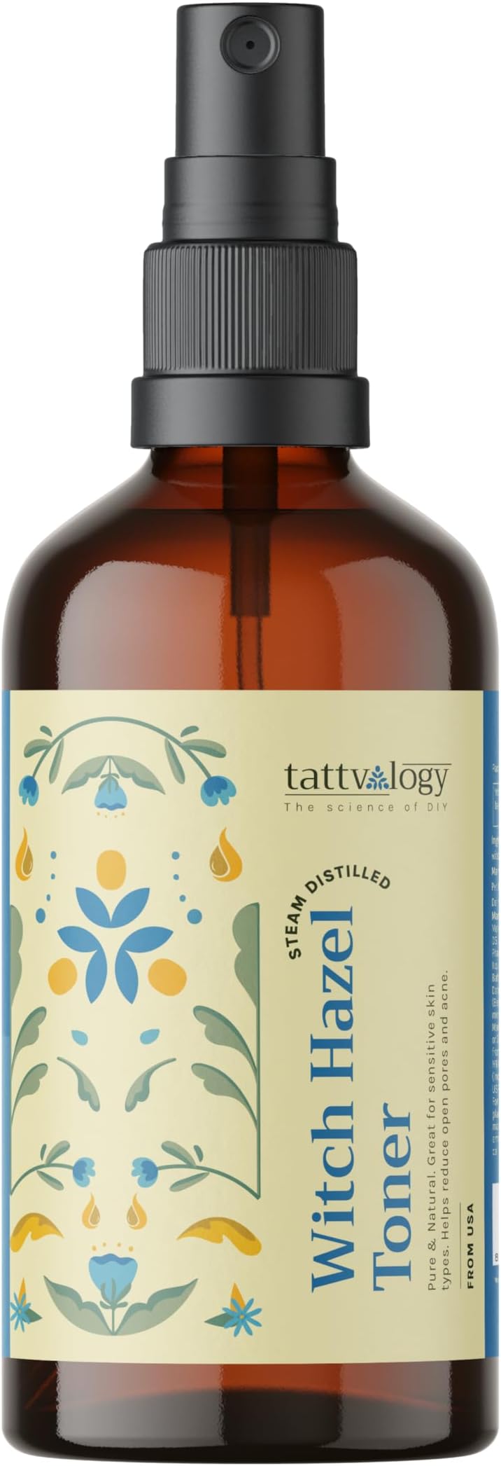 Tattvalogy Pure Witch Hazel Distillate Toner | Alcohol-Free Toner & Astringent for Face | Steam Distilled from Bark & Leaves | Tightens Pores, Controls Oil & Calms Skin | Natural Cleanser For Face