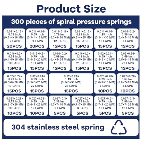 300 Stück Spiralfedern Druckfedern, 23 Größen Zugfedern 304 Edelstahl Druckfedern Sortiment Kit, geeignet für Industriemaschinen Fitnessgeräte Möbelbeschläge Heimwerkerarbeiten Wartungsarbeiten DIY