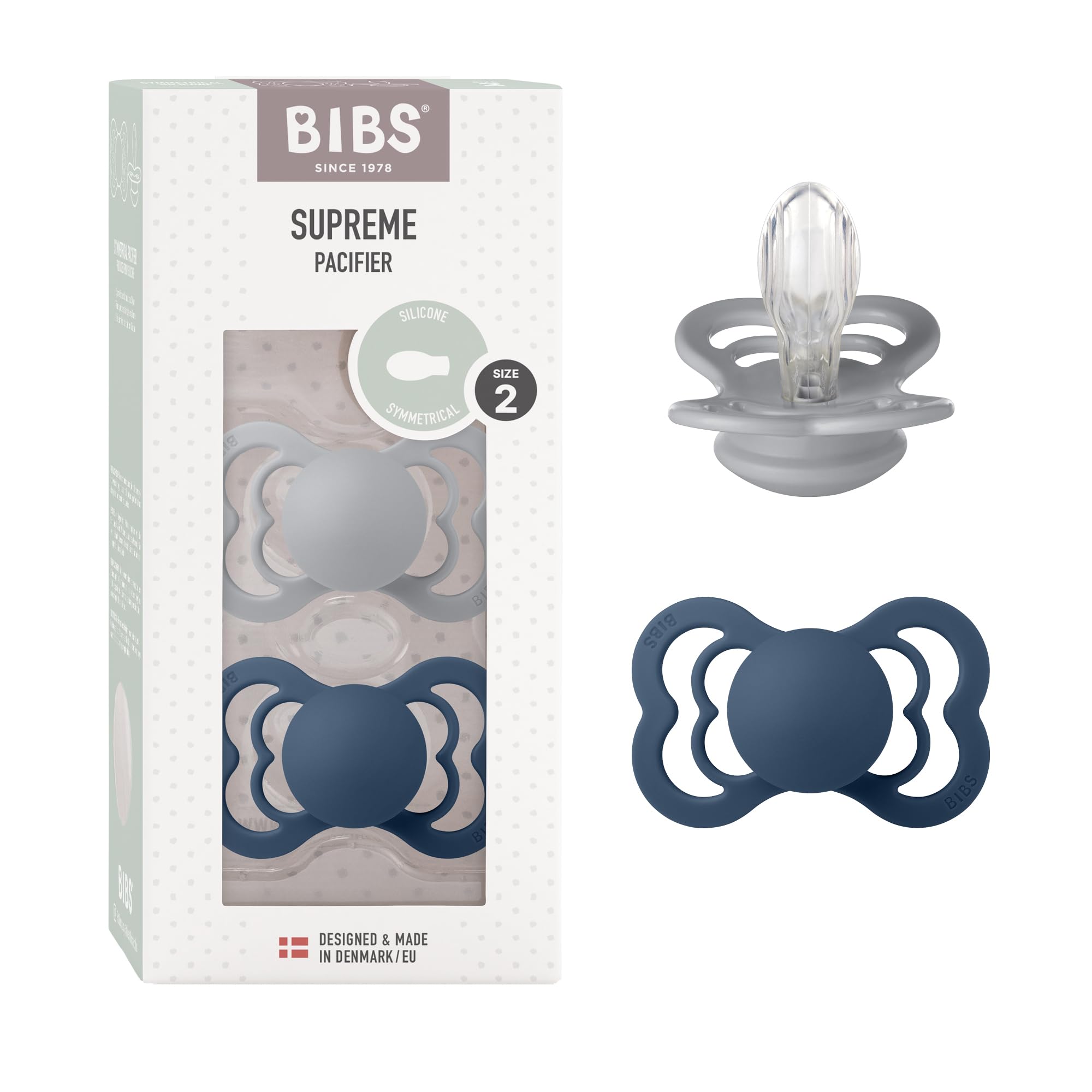 BIBS Supreme Soother 2-Pack, BPA Free Dummy Pacifier, Symmetrical Nipple. Silicone, Size 2 (6-18 Months), Cloud/Steel Blue
