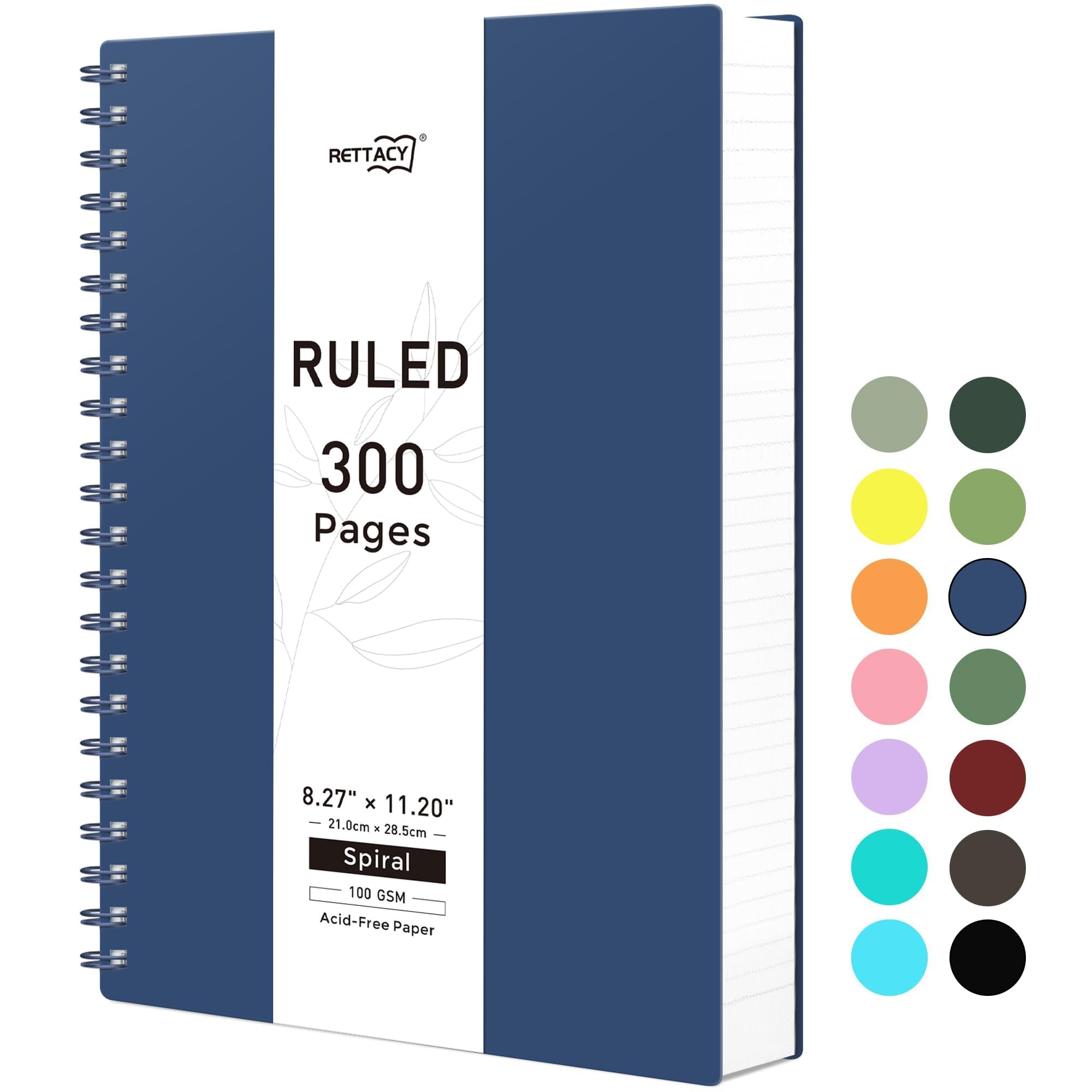 RETTACY Spiral College Ruled Notebook, 300 Pages, A4 Large Size (8.2" x 11.2"), for School, Work, Writing, Journaling, 100 GSM Thick Paper, Flexible