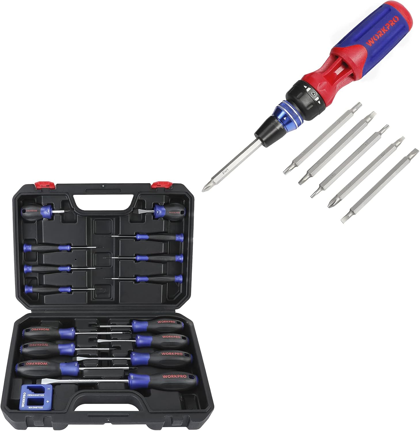 WORKPRO 12-in-1 Ratcheting Multi-Bit Screwdriver Set, & WORKPRO 16-Piece Magnetic Screwdriver Set with Case