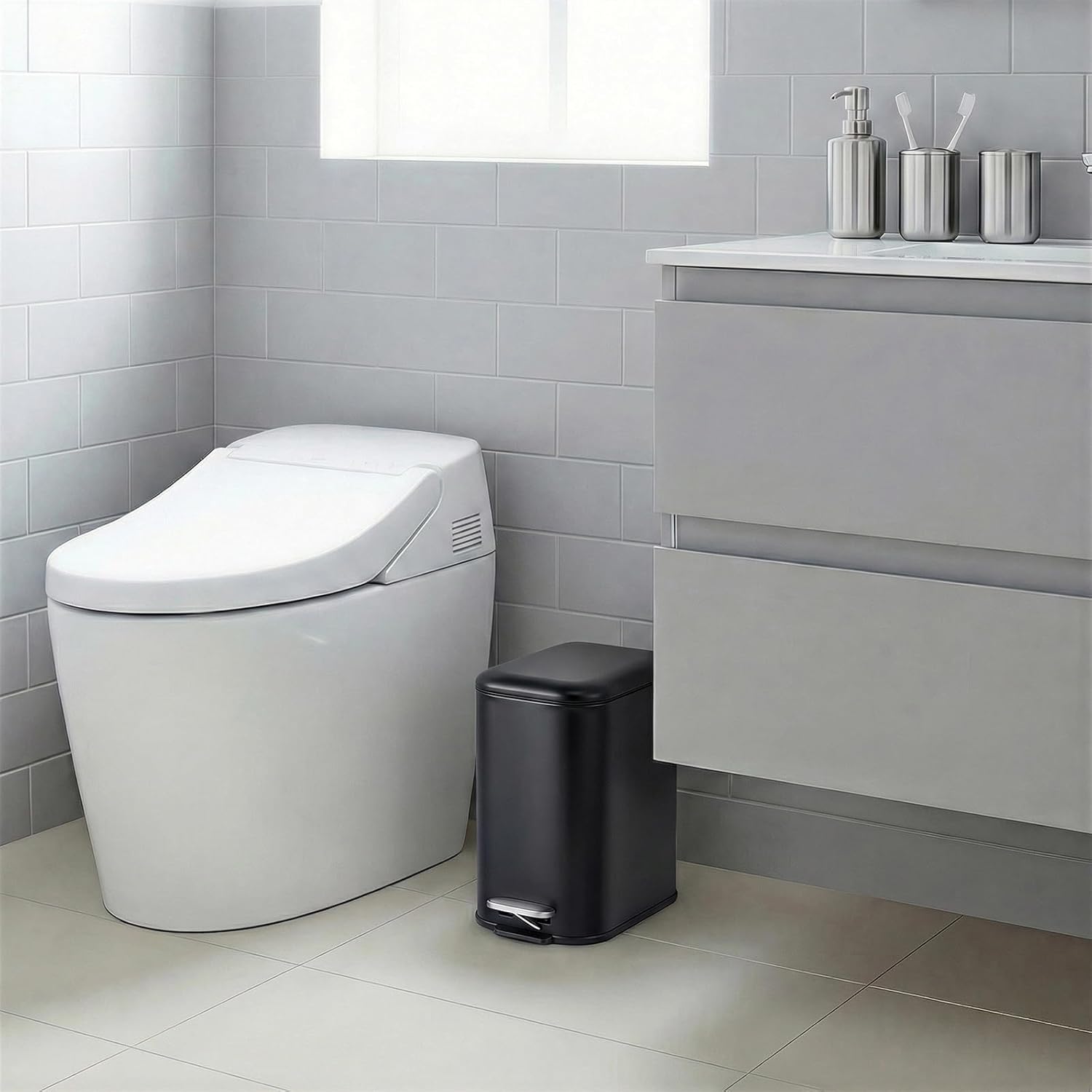 GarveeHome 1.3 Gal Slim Trash Can, Step Garbage Can with Soft-Close Lid, Stainless Steel Recycling Bin Waste Container with Removable Inner Bucket for Kitchen, Bathroom, Office, Black