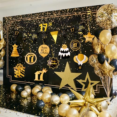 Hapdoo 17th Birthday Decorations Set - Happy 17 Birthday Banner Triangle Flag Hanging Swirls Streamers for Women Men Party Decorations Supplies, Black and Gold by Hapdoo - Used condition - Image 6