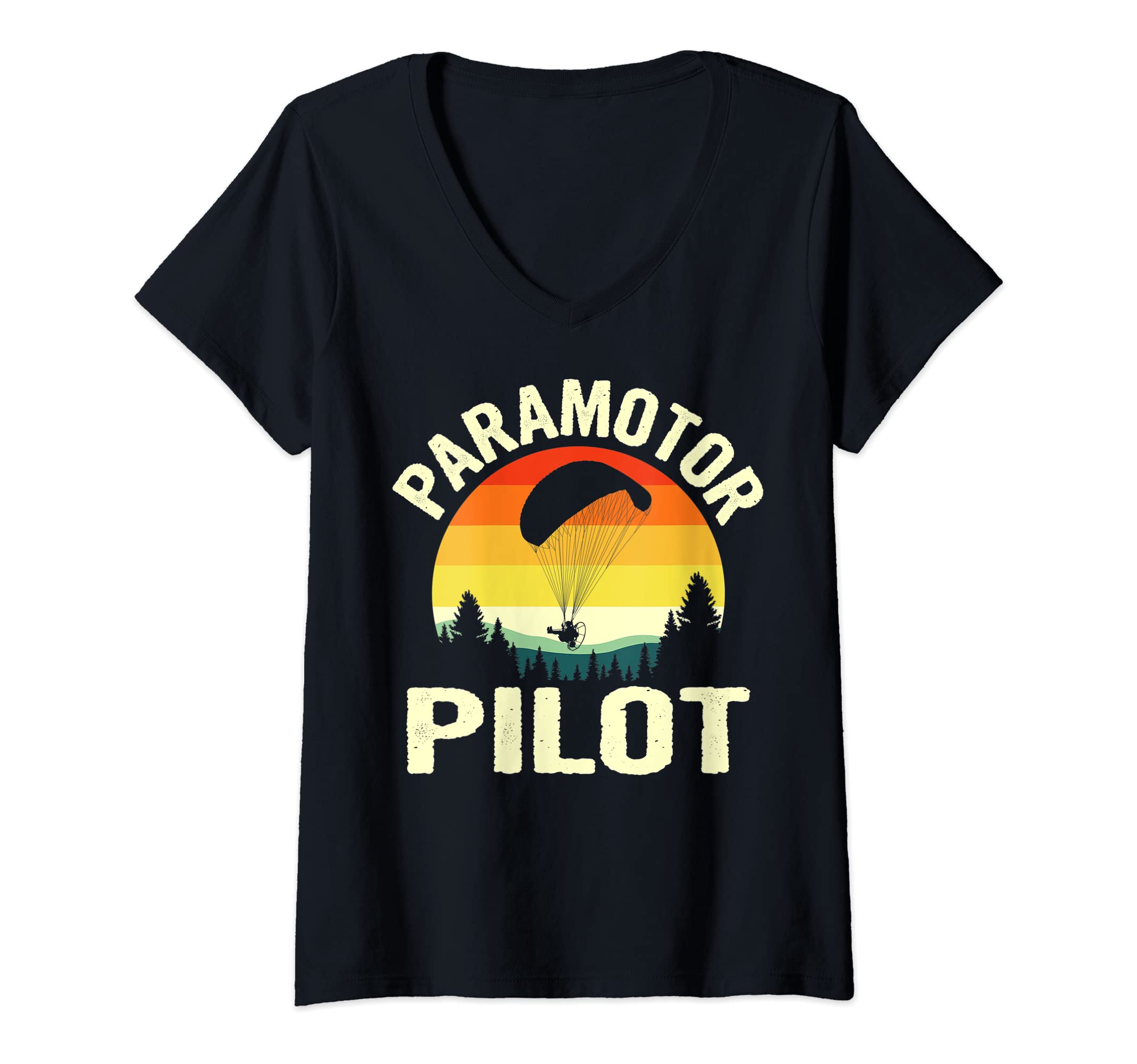 Paramotor Paraglider Apparel Co.Womens Paramotor Pilot Retro Sunset Vintage Paramotor Paraglider V-Neck T-Shirt