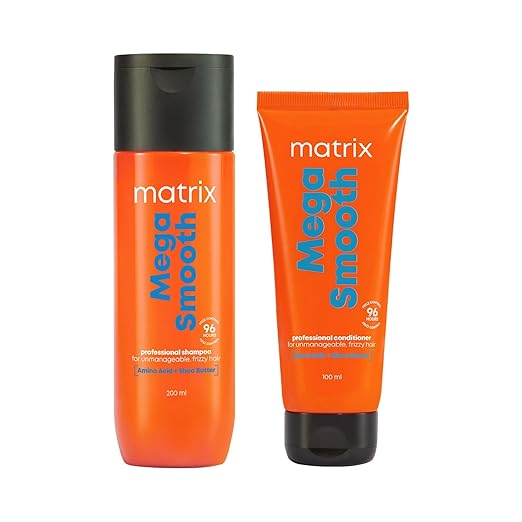 MATRIX Mega Smooth Shampoo and Conditioner Combo for Frizzy, Dry Unmanageable Hair | Defy Frizz for 4 Days | Used by 1 Lakh Hairstylists* | with Shea Butter and Amino Acid (200ml + 100ml)