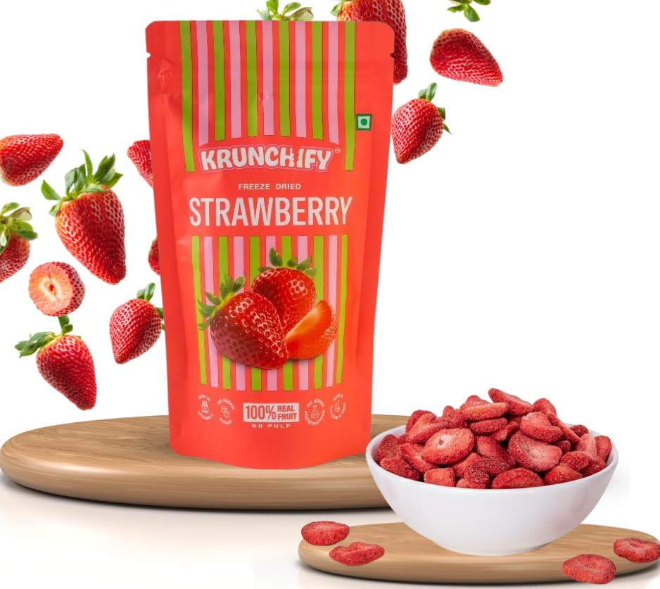 Krunchify Freeze Dried Strawberry Fruit Snack | No Added Sugar, No Preservatives | 100% Vegan | Healthy Snacks for Kids and Adults | Serving - 16g