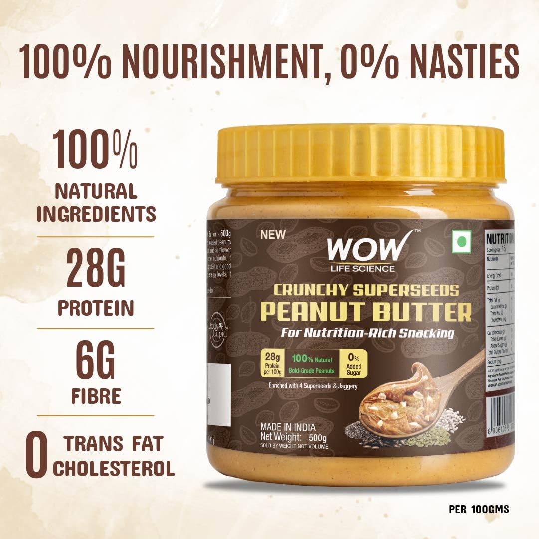 WOW Life Science - Peanut Butter with Super Seeds (Crunchy) - 500 gm | High Protein with 28g Protein per 100g | For Nutrition Rich Snacking - Weight Management, Muscle Building and Healthy Lifestyle - Image 7 thumbnail