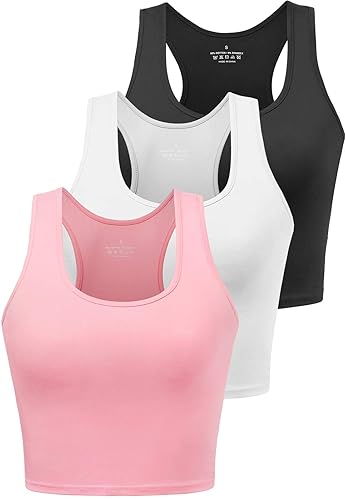 Porvike Sports Crop Tank Tops for Women Cropped Workout Tops Racerback Running Yoga Tanks Cotton Sleeveless Gym Shirts 3 Pack - Black White Pink - Small