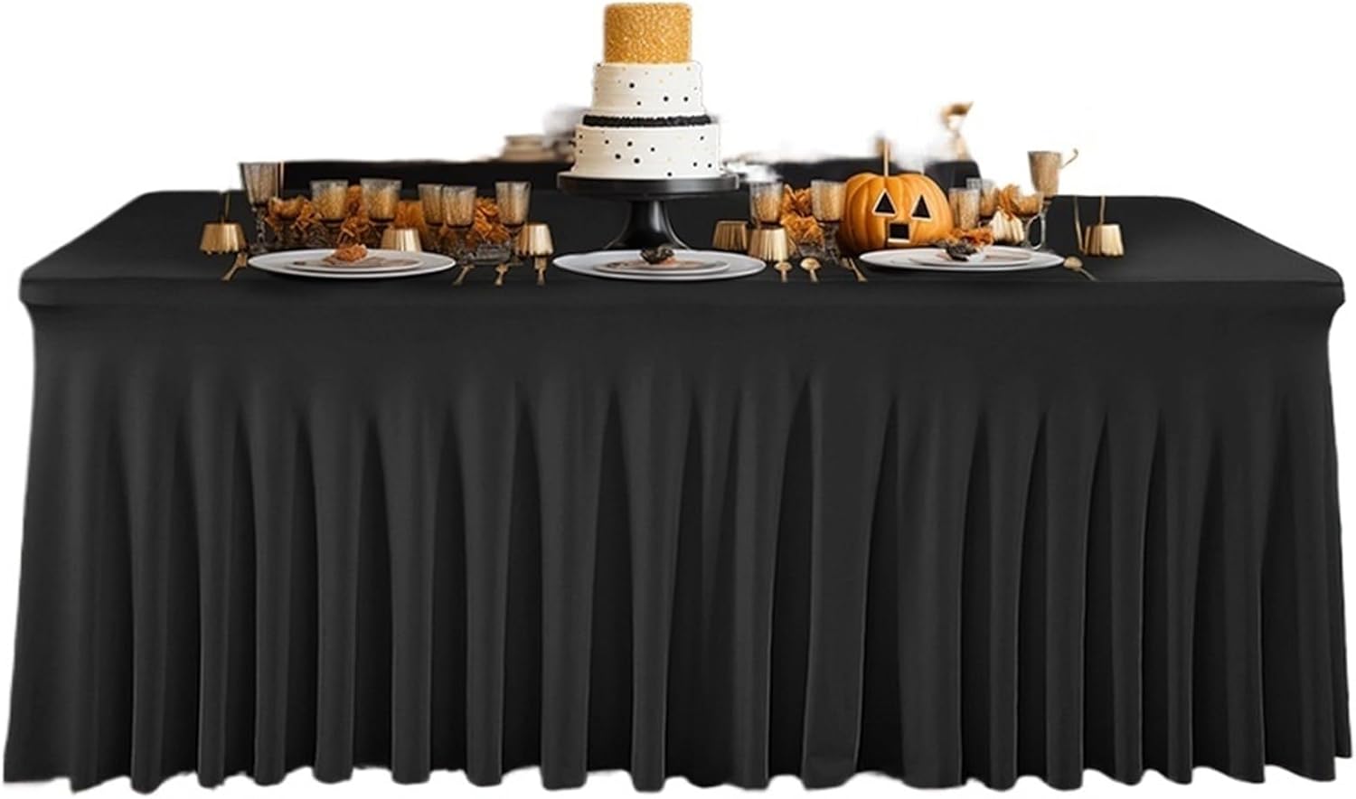 Rectangular Polyester Elastic Tablecloth Cover Wavy Table Skirt Wedding Banquet Birthday Party Decor for Events, Weddings & Trade Shows(Black,8FT(243x76x76cm))