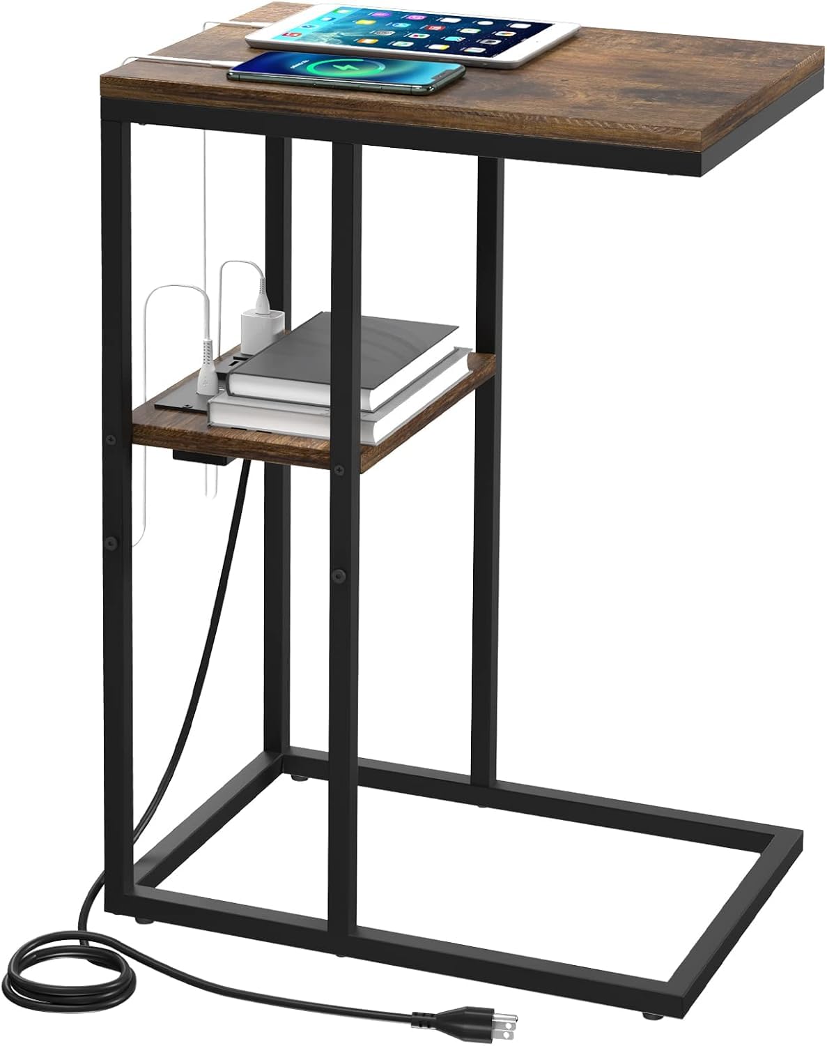 C Shaped End Table with Charging Station, Small Side Table for Sofa，26" Tall Tv Tray Couch Table with Storage,Bedside Table-image-39