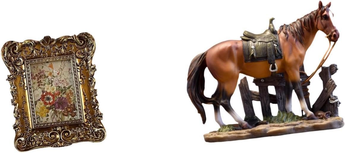Fenteer Photo Frame Vintage Table Picture Frame Ornate Wall Hanging Picture Holder Resin Material Horse Figurine Sculpture Collectible Suitable for Home Decor