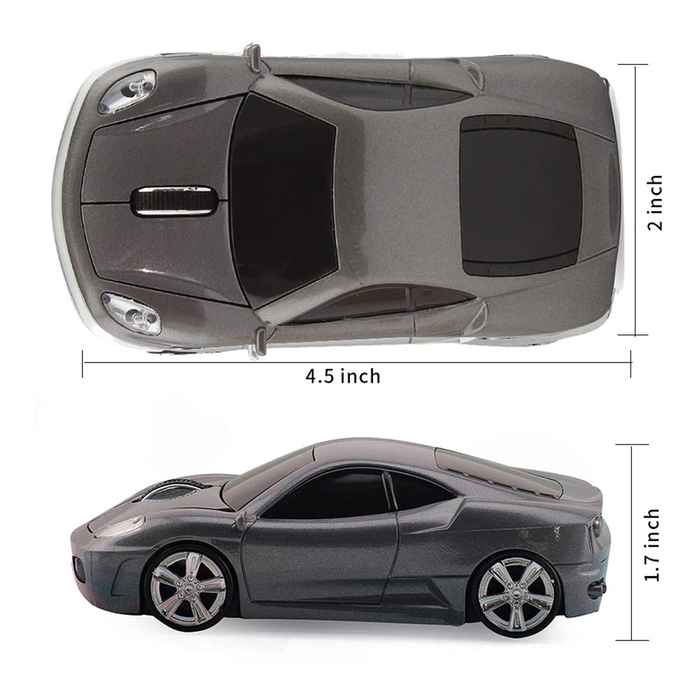 FIRSTMEMORY - Ratón óptico inalámbrico para coche, 2,4 G, con forma de coche de carreras, 1600 DPI, para computadora, PC, portátil, escritorio (gris)