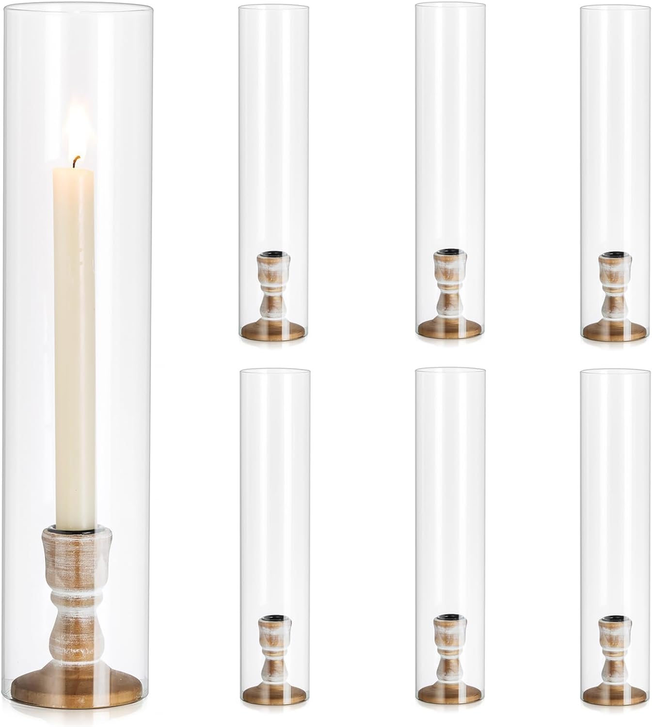 Rustic Wood Candlestick Holders: 6 Pcs Wooden Candle Holders for Taper Candles, with Glass Cover for Wedding Event Home Decor