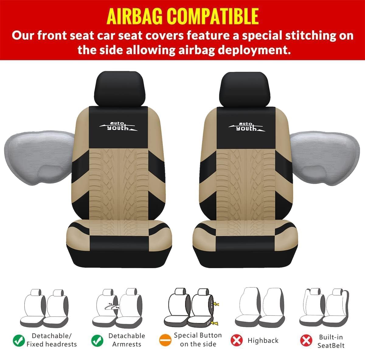 AUTOYOUTH Beige Car Seat Covers Full Set, 3D Tyre Embossed Front Bucket & Split Rear Bench Covers, Airbag Compatible, Quick Setup Universal Fit for Car, SUV, Seat Protectors (9pcs) - Image 5