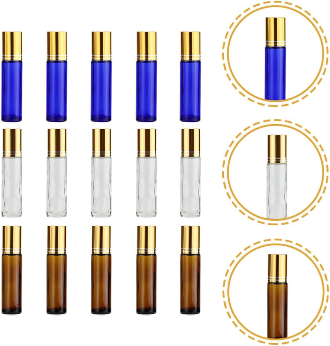 Essential Oil Roller Bottles Lightweight Refillable 10ml 15pcs Roll on Bottles with Glass Body and Aluminum Cap Leak-proof Design for Daily Use and Sample Displays