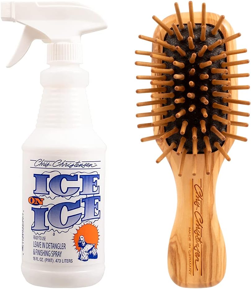 Chris Christensen Ice on Ice Detangle and Finishing Spray + Tiny Tot Wood Pin Brush Bundle: Adds Elasticity & Strength, Static Free, White, Dog Brush