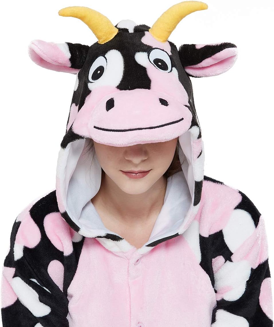 CALANTA Cow Onesie Unisex Adult Animal Costume Women Pajamas Plush One Piece Cosplay Halloween Christmas