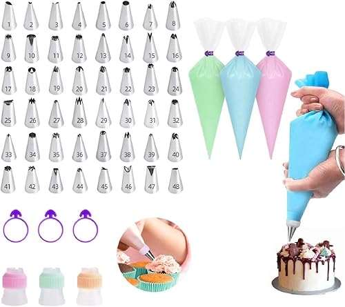 106 piezas de herramientas de decoración de pasteles con 50 bolsas de repostería desechables, 48 puntas de glaseado numeradas, 1 bolsa de tubería