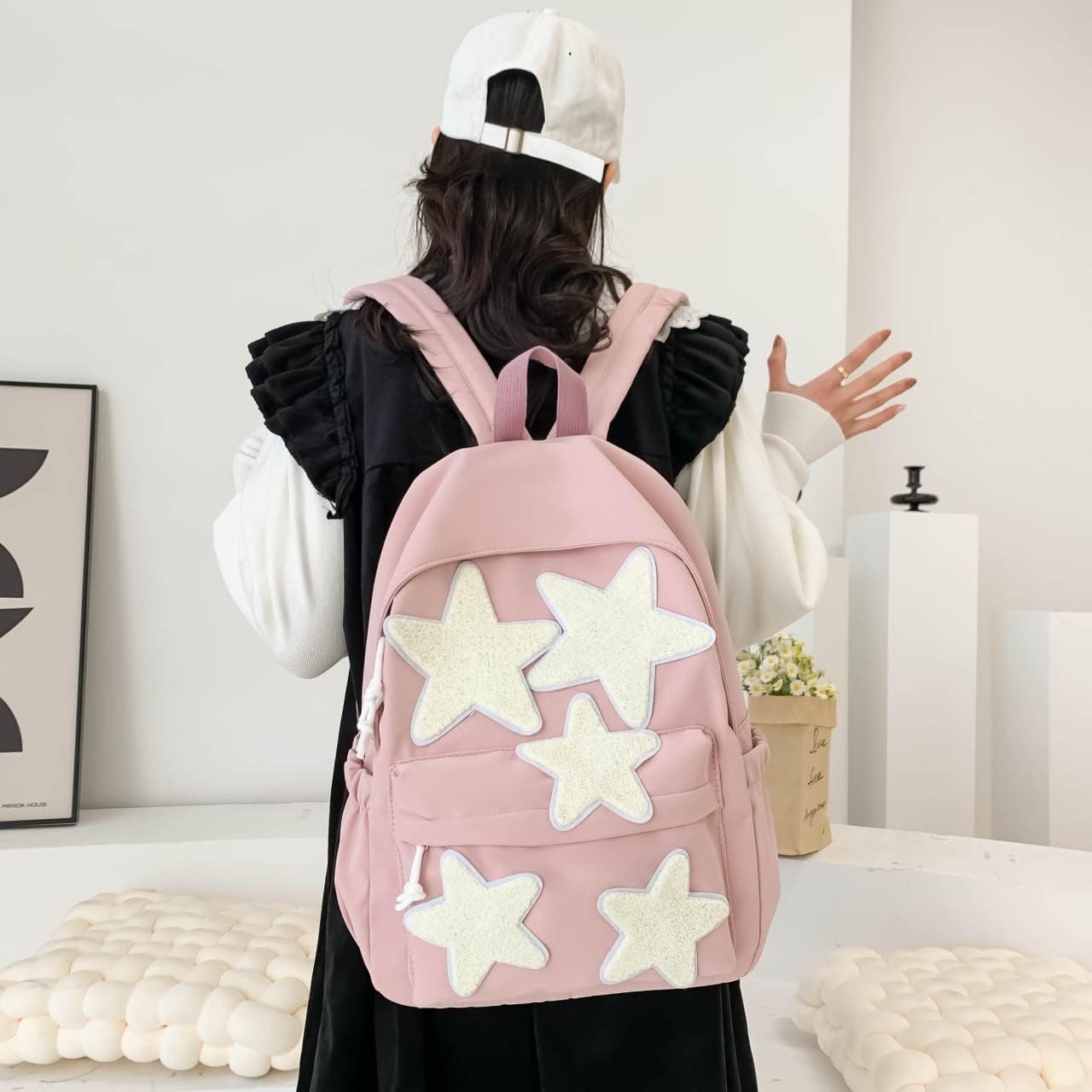 JHTPSLR Preppy Backpack Y2K Aesthetic Backpack Lambswool Stars Patchwork Backpack Cute Kawaii Stars Backpack Supplies Casual Daypack (Light Pink)