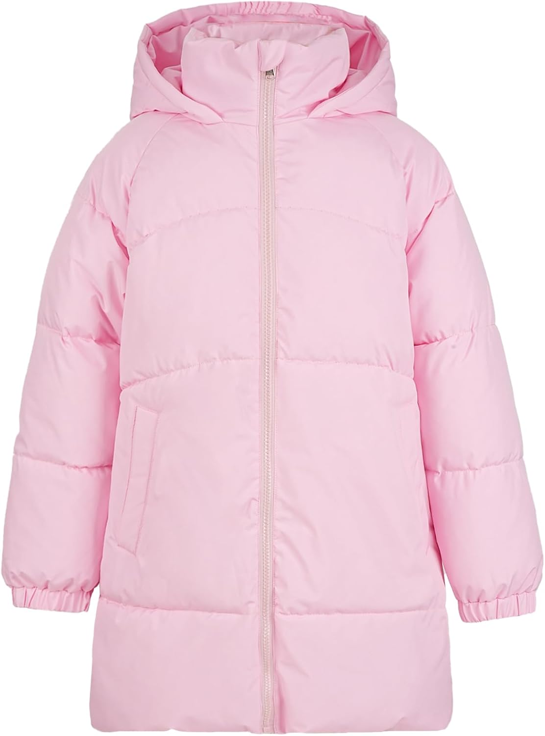 SEAUR Girls Winter Coat Hooded Medium Length Jacket Comfy Down-like Cotton Outwear Black & Pink 5-12T