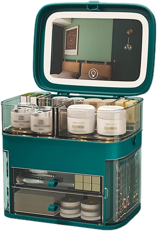 Exquisite Bathroom Shelves Skincare organiser with LED mirror, large-capacity jewelry rack, desktop dressing table, birthday gift for ladies,makeup storage (Color : Green, Size : 30 * 23 * 31cm)