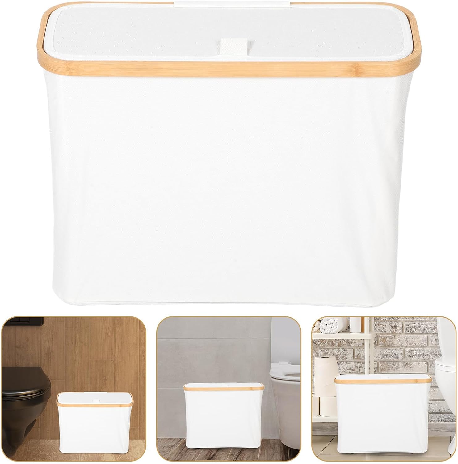 Garneck Toilet Paper Storage Basket with Lid Beige Fabric Bathroom Organizer Bin Dustproof Water-Resistant Small Trash Can for Toilet Tank and Nursery Use
