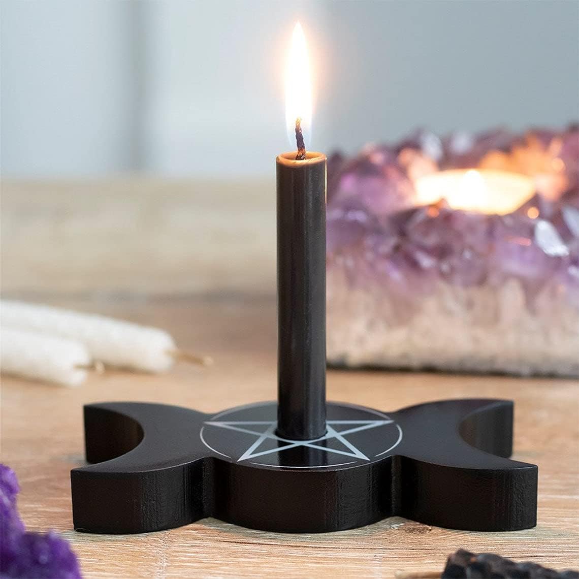 Ebros Gift Occult Wicca Black Triple Moon Spell Goddess Decorative Small Candle Stick Holder Figurine Occultism Spiritualism Witchcraft Supernatural Accent Decor (2)