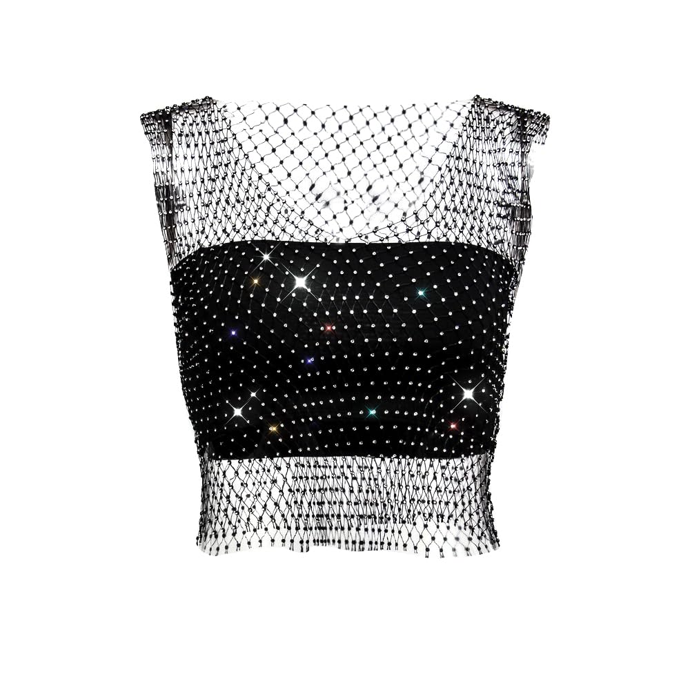 PICKBEAU Women Mesh Body Chains Rhinestone Long Sleeve Crystal See Through  Cover up Crop Tops Fishnet Nightclub Bikini Festival Body Jewelry