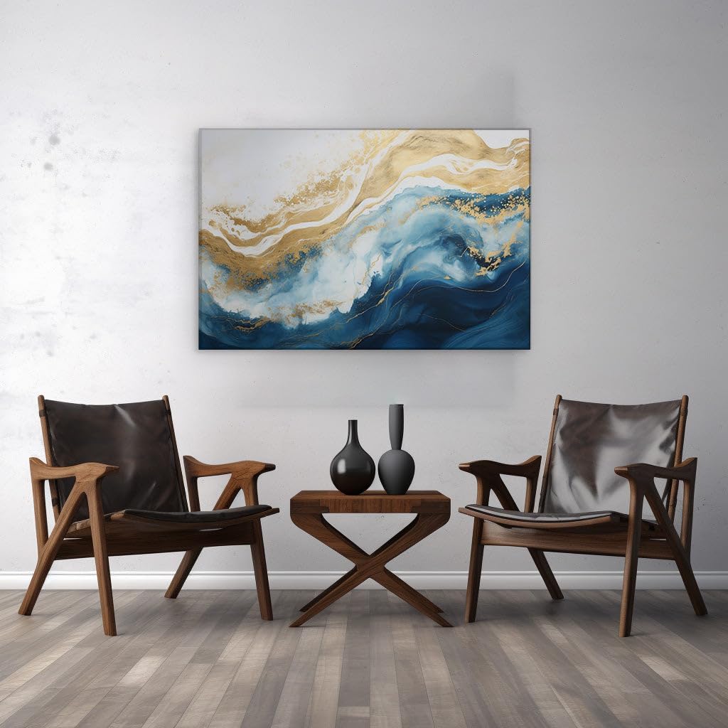Canvas for Living room. Elegance Upon the Waves A Symphony in Blue, Gold, and White, 27 x 18 inch Canvas Wall Art - Contemporary Masterpieces - Modern Home Decor