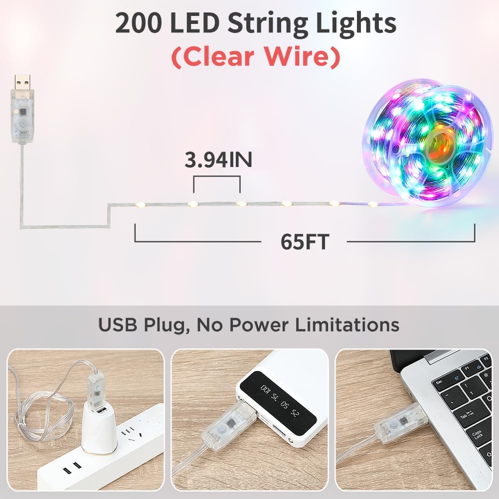 65ft Color Changing Christmas String Lights, 200 LED Twinkle Fairy Lights String Waterproof, 200+ Scene Modes, Smart App & Remote for Indoor Outdoor Christmas Tree Party Bedroom Patio Decor