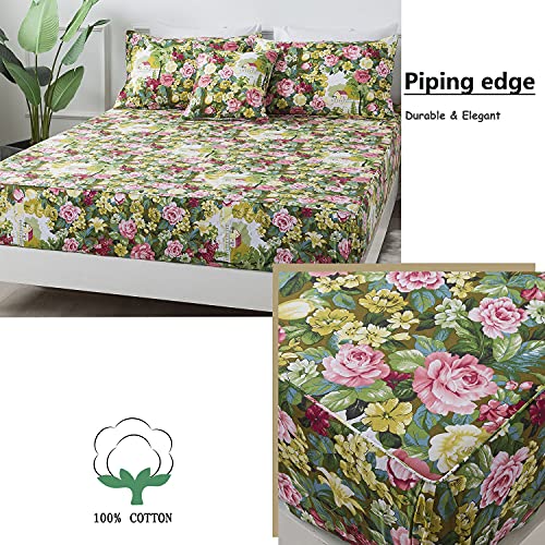 Fadfay Shabby Floral Sheet Set King Size 100% Cotton Soft Vintage Garden Flower Green Leaves Bed Sheet Elegant Pink Peony Rose Cottage Printed Deep Pocket Fitted Sheet 17.5 Inch 4 Piece #TOP3