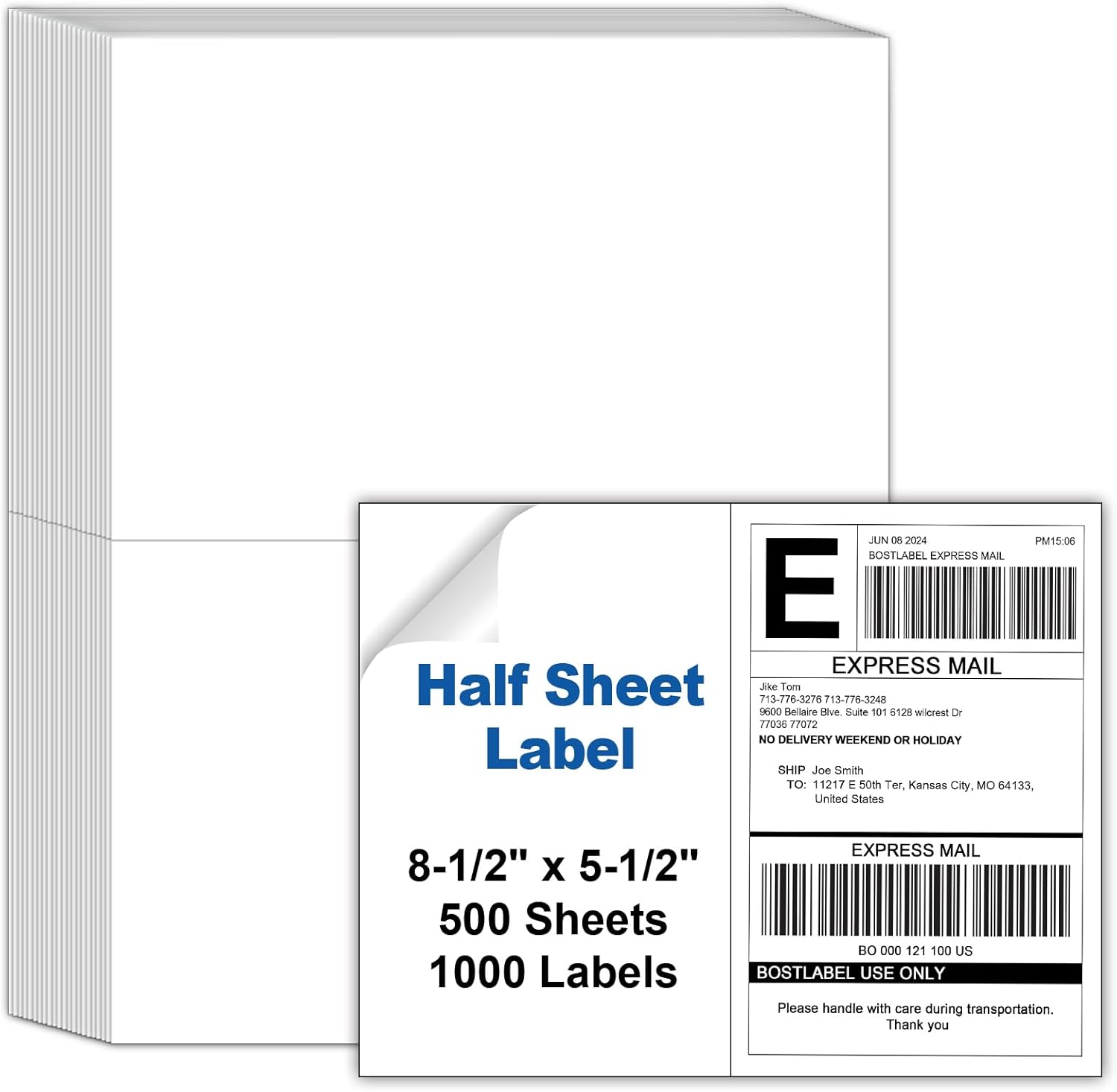 8.5"x5.5" Half Sheet Shipping Labels for Laser & Inkjet Printers, 500 Sheets 1000 Pcs Half Page Labels, Self Adhesive Mailing Address Stickers