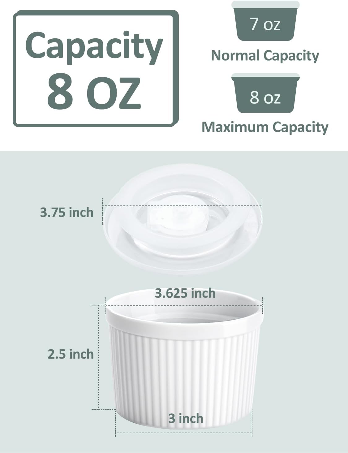 8 oz Ramekins with Lids Oven Safe, Porcelain Creme Brulee Souffle Dishes with Covers for Baking, White Custard Cups Stackable, Set of 6