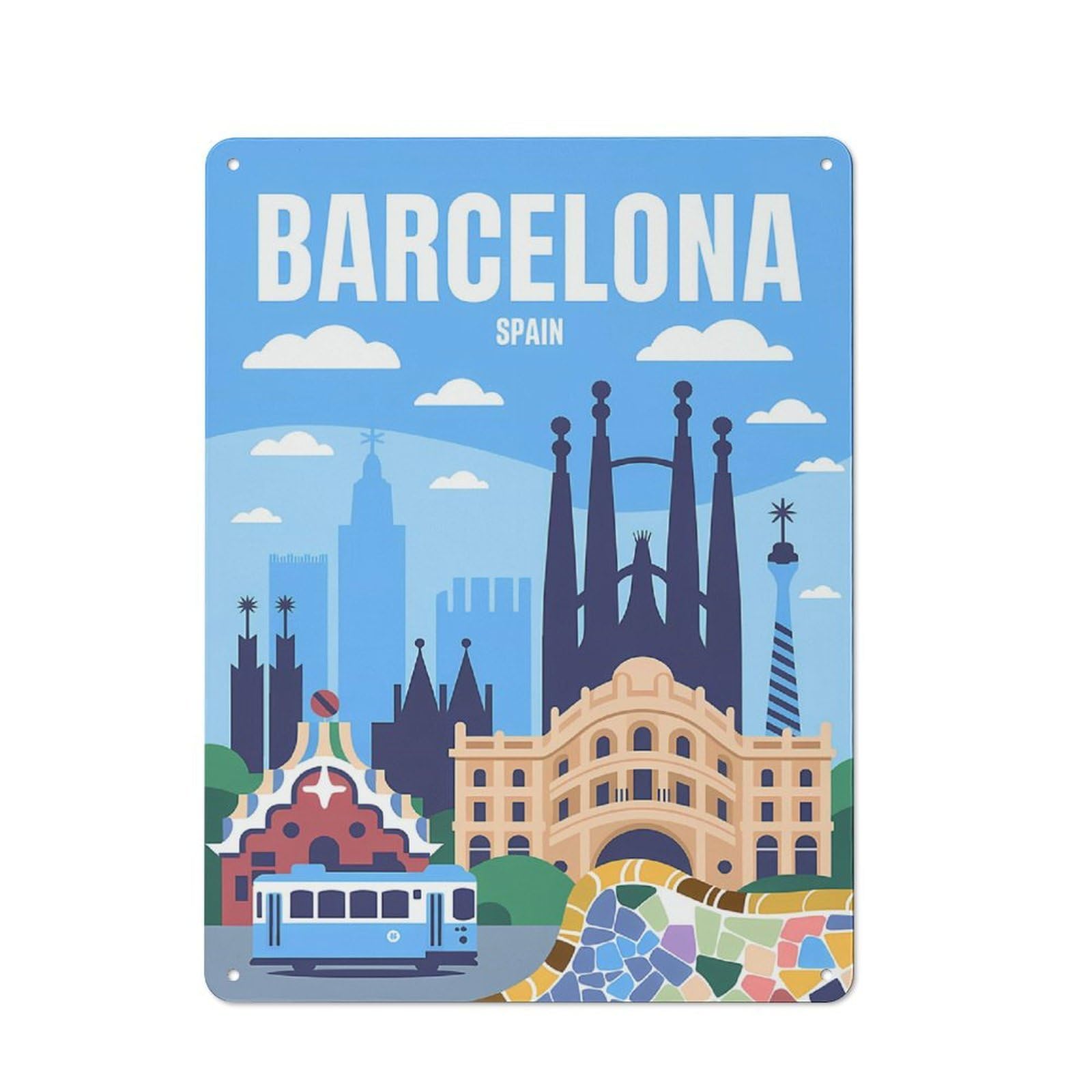 Junmoney Style Tin Wall Plaque 40X30cm With Barcelona, Spain Travel For Home Bar Wall, New-Space Wall Decor For Hosts Who Enjoy Retro Interiors