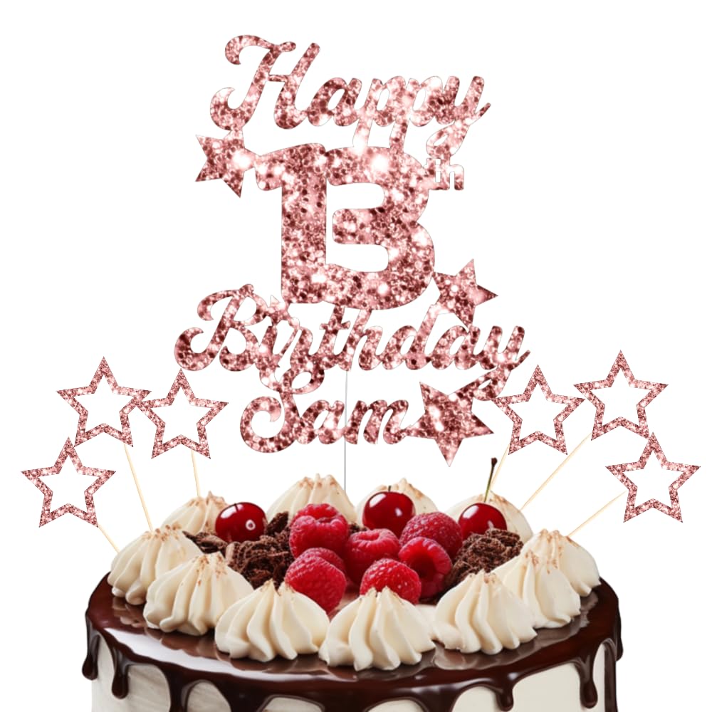 Personalised Happy Birthday Cake Topper Customised with Any Age Name Party Cake Decoration 16 18 21 40 60 Glitter Card Rose Gold, 12 Colours (Rose Gold)