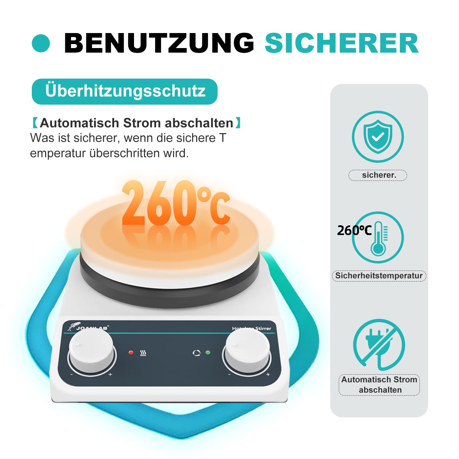 JOANLAB Magnetrührer mit Heizplate, 5 Zoll, 260°C, 200-1500 U/min, 3L Kapazität, Rühr- und Heizfunktion, Drehknopfsteuerung, Edelstahl-Keramik-Platte