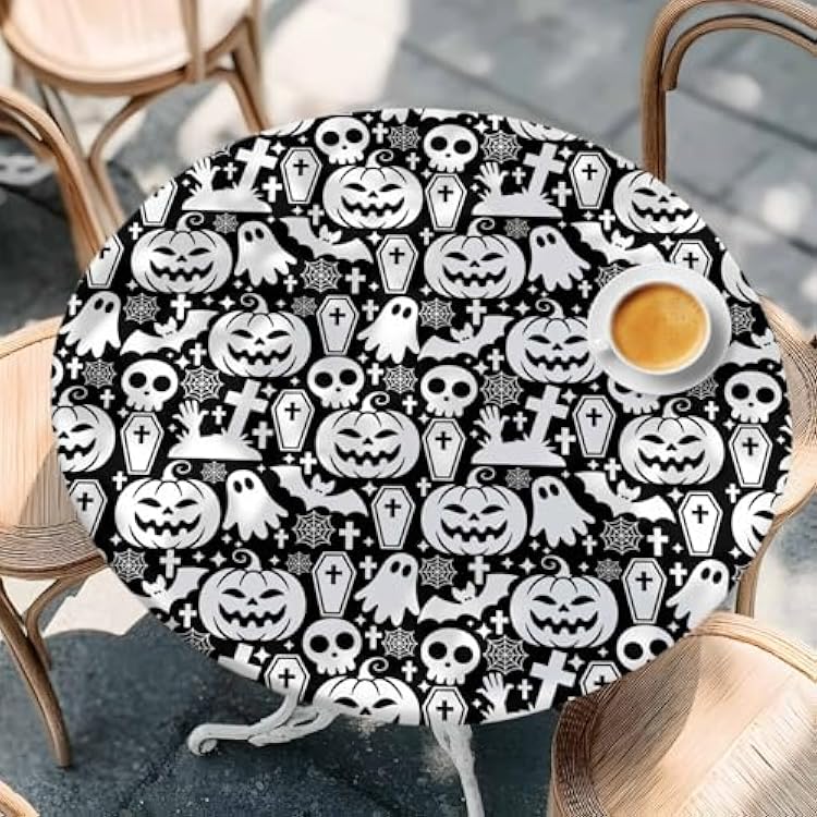 Round Fitted Tablecloths with Elastic Edge Halloween Pumpkin Tombstone Skull Oil-Proof Waterproof Wipeable Table Cover for Kitchen Dining Party Decor Seamless Bat White Black Table Clothes,45 - 54