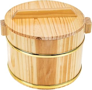 SHOWERORO Wooden Rice Bucket with Lid 6.3X4.7X4.3 Inch Japanese Style Sushi Rice Bowl and Bibimbap Mixing Tub Compact Wood Serving Dish for Home Kitchen