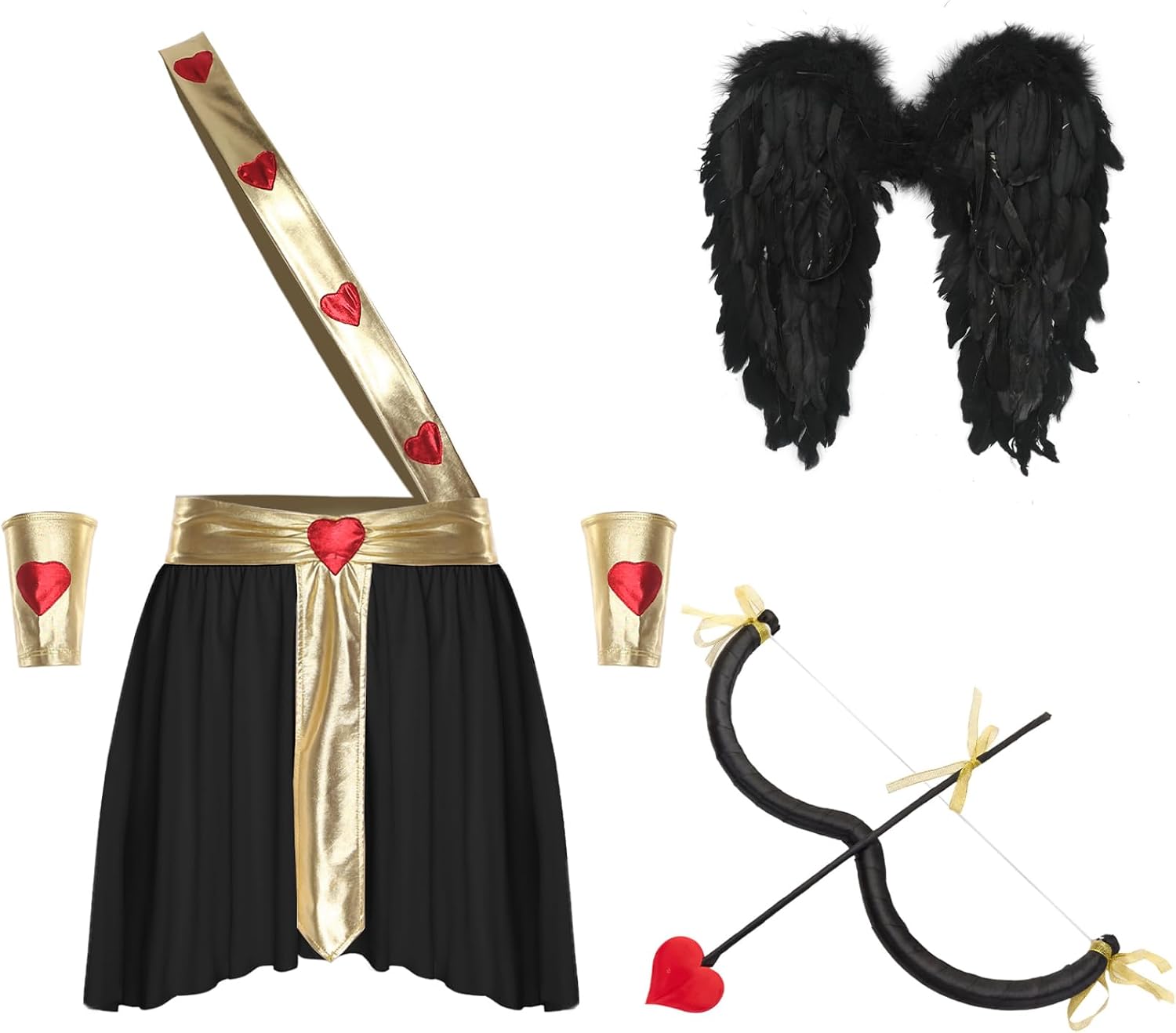 Men's God of Love 4-piece Cosplay Halloween Heart Pattern Skirt Sleeves Wings Cupid Bow Arrow