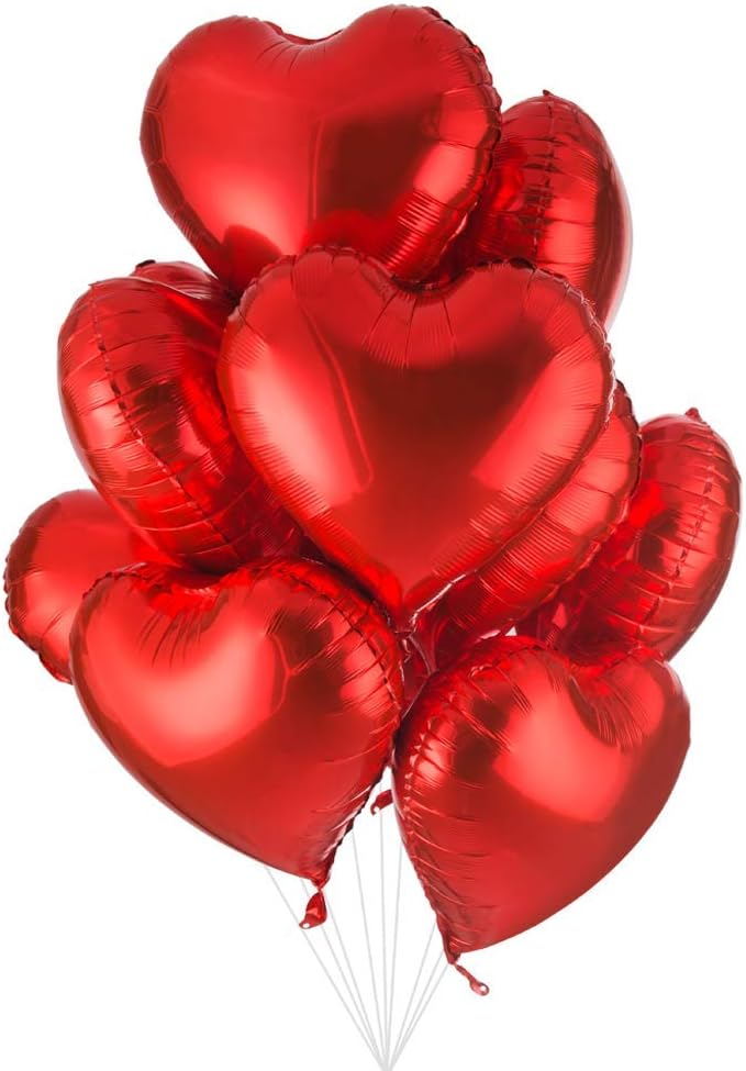 HK Balloons 10pcs Heart Shaped Balloon Birthday, Anniversary, Valentine Balloons for Decoration, (Red-Colored-Foil)