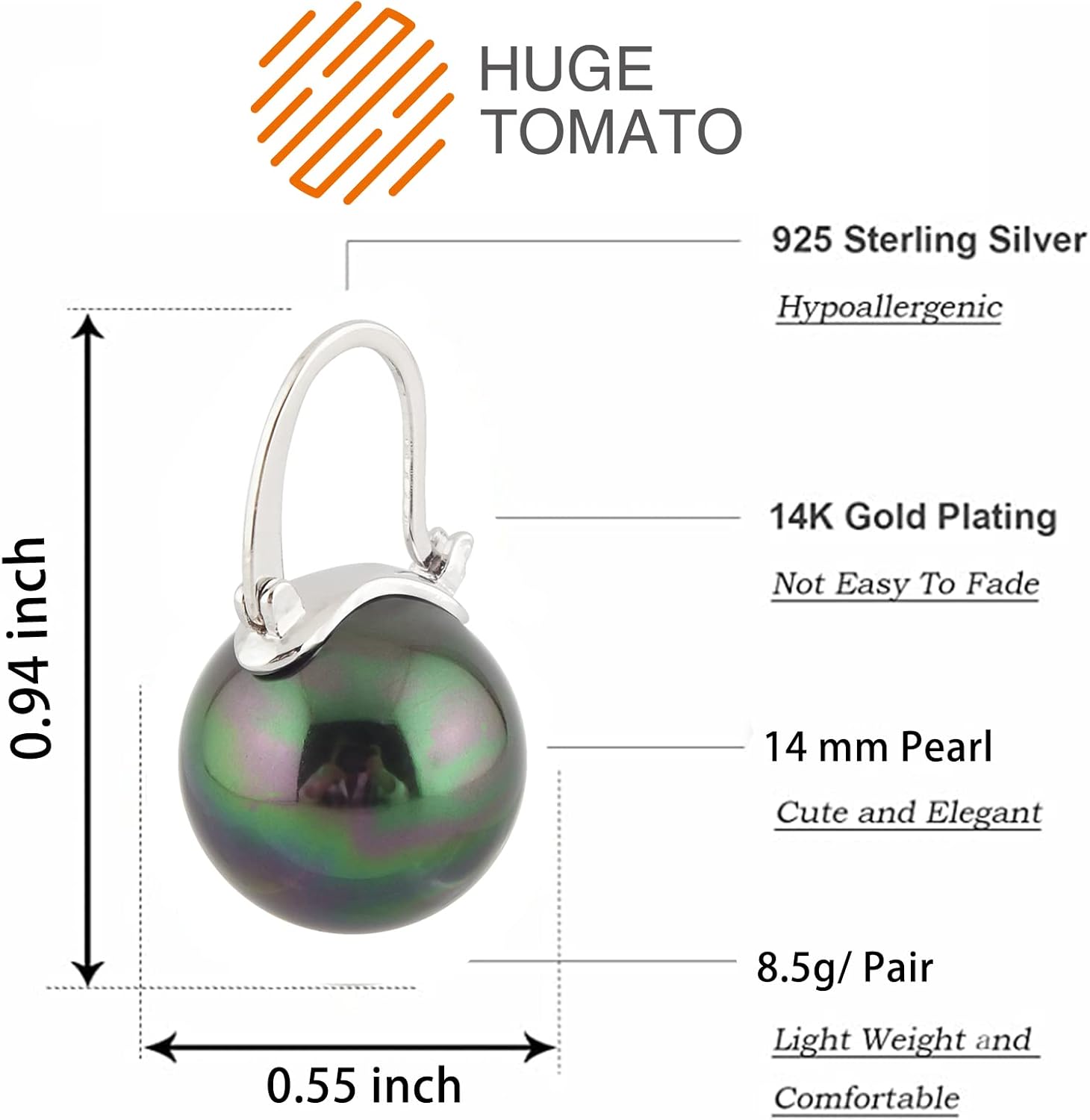 HUGE TOMATO 925 Sterling Silver Simulated Shell Pearl Earrings for Women Trendy, Big Pearl Drop Earrings Leverback Stud,Large Pearl Hoop Dangle Hypoallergenic Jewelry 14mm - Image 6